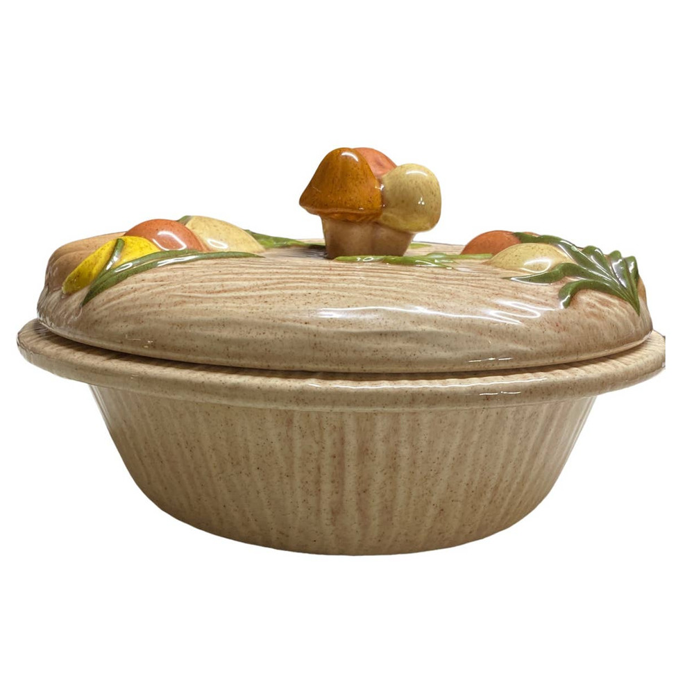 Mushroom Vintage Raised Graphic Tan Speckled Serving Dinner Dish Signed